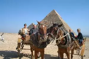 Cheops Pyramide in El Giza. Reisegruppe mit Kalesch (Kutsche)